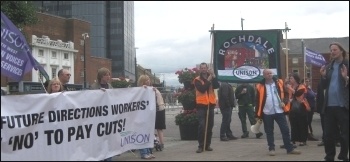 Future Directions strike, Rochdale (Unison rep John Morrison with megaphone), photo by Hugh Caffrey