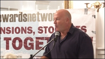 Bob Crow speaking, NSSN rally, before the NSSN lobby of TUC, 8.9.13, photo by P Mason