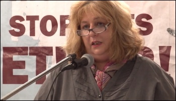 Janice Godrich, President of PCS, speaking at the NSSN lobby of the TUC congress 2013, called Miliband to account, photo  Socialist Party