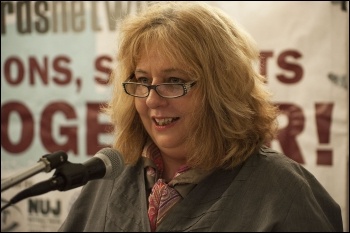 Janice Godrich, President of PCS, speaking at the NSSN lobby of the TUC congress 2013, called Miliband to account, photo by Paul Mattsson