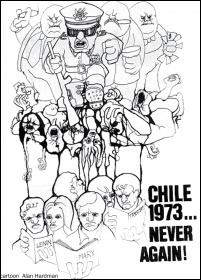 Chile 1973 - Never Again! Cartoon by Alan Hardman, photo Alan Hardman Chile 1973 - Never Again! Cartoon by Alan Hardman, photo Alan Hardman