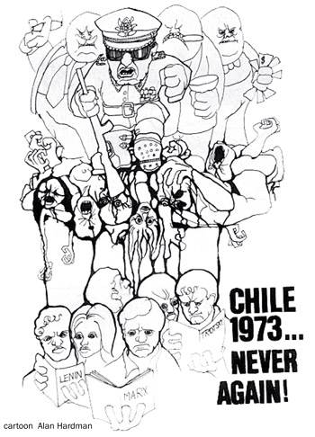 Chile 1973 - Never Again! Cartoon by Alan Hardman, photo Alan Hardman Chile 1973 - Never Again! Cartoon by Alan Hardman, photo Alan Hardman