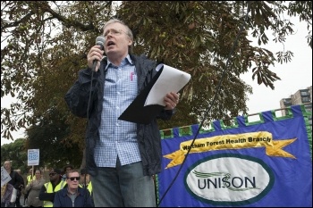 Former Unison branch secretary Len Hockey speaking at a demonstration against cuts at Whipps Cross hospital, East London 21 September 2013, photo Paul Mattsson