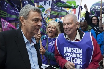 Dave Prentis at TUC demo in Manchester: 50,000 marched against the Tories, demanding action on NHS, photo Paul Mattsson