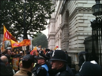 Outside Downing Street, FBU demo, 16.10.13, photo by Ian Pattison