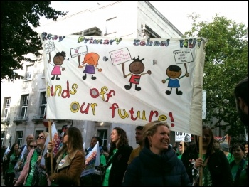 NUT and NASUWT striking teachers marching in London, 17.10.13, photo by J Beishon