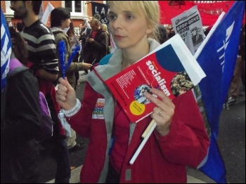 Striking teacher holding a Socialism2013 leaflet; London, 17.10.13 , photo by A. Hill Striking teacher holding a Socialism2013 leaflet; London, 17.10.13 , photo by A. Hill