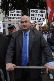Bob Crow on RMT lobby against privatisation on the railways, photo Paul Mattsson