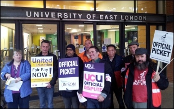 Joint strike action by university staff in the Unite, Unison and UCU unions was well supported at the University of East London 31 October 2013, photo P Mason