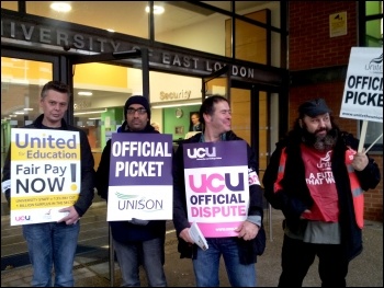 Joint strike action by university staff in the Unite, Unison and UCU unions was well supported at the University of East London 31 October 2013, photo P Mason