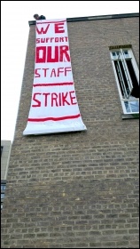 Socialist Student members did a banner drop in support of striking staff at Leicester university 31 October 2013, photo by Leicester Socialist Students