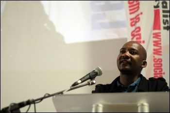 Leading 'Workers And Socialist Party' (WASP) and 'Democratic Socialist Movement' (DSM - CWI South Africa) member Mametlwe Sebei addressing the Rally for Socialism , photo Senan