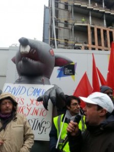 NSSN chair Rob Williams speaking outside the Francis Crick Institute site, 20.11.13, photo N Cafferky