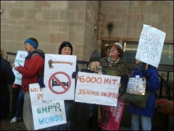 Nottingham Defend Council Tax Benefit Campaign outside the court hearings, 21.11.13, photo Vicki Morris