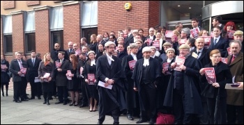 50 lawyers and barristers outside Leeds combined courts on Monday 6th January , photo by Tanis Belsham-Wray 