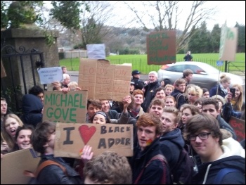 Students at Marling school, Stroud, show visiting Gove their anger, photo by C Moore