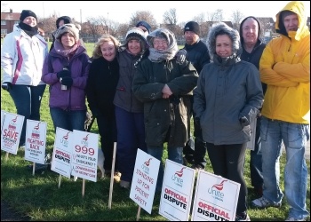 Yorkshire Ambulance workers picket in Wakefield on 1 February, demanding that the NHS Trust re-recognises their Unite union, photo by Iain Dalton, photo Socialist Party