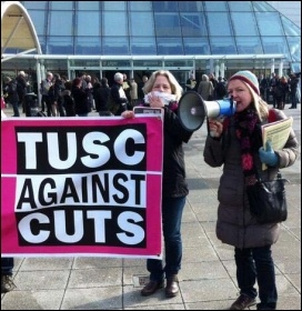 Lois Austin speaking, outside Labour's special conference, 1.3.14