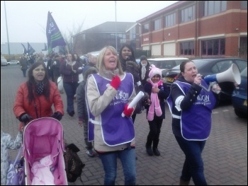 Striking Doncaster UK workers on the march, March 2014, photo A Tice
