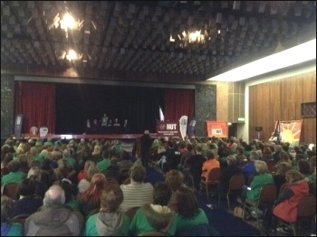 A packed NUT strike rally in Manchester hears from a young NUT member on the workload facing teachers. Photo Alex Davidson A packed NUT strike rally in Manchester hears from a young NUT member on the workload facing teachers. Photo Alex Davidson