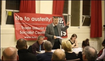 Dave Nellist speaking, Coventry Vote Socialist 2014 meeting, 26.3.14, photo Coventry SP