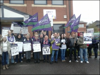 Strikers rally outside Care UK office on Sunday 6 April, photo A Tice