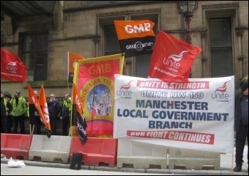 Anti-privatisation lobby of Manchester council, 8.4.14, photo Hugh Caffrey