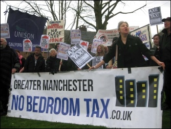 Bedroom tax anti-eviction protest, Salford, 10.4.14, photo Hugh Caffrey Bedroom tax anti-eviction protest, Salford, 10.4.14, photo Hugh Caffrey