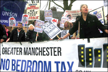 Bedroom tax anti-eviction protest in Salford, photo Hugh Caffrey