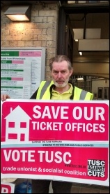 Len Rowlands, RMT picket Whitechapel station & TUSC candidate St Peter's ward, Tower Hamlets, photo N Byron Len Rowlands, RMT picket Whitechapel station & TUSC candidate St Peter's ward, Tower Hamlets, photo N Byron