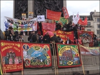 The speakers' platform in Trafalgar Square, 1st May 2014, photo J Beishon