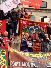 Natasha Hoarau speaking in Trafalgar Square, 1.5.14, photo by J Beishon