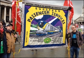 One of the many RMT banners in Trafalgar Square, 1.5.14, photo by J Beishon
