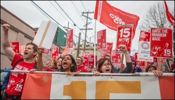 Seattle Socialist councillor Kshama Sawant on a 15 Now demonstration, photo Alex Garland