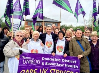 Dave Prentis on the picket line with the Doncaster Care UK strikers, May 2014, photo by A Tice