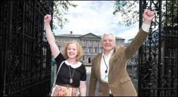 Ruth Coppinger and Joe Higgins outside the Irish Parliament