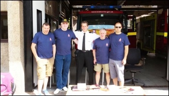 Striking FBU members in Bethnal Green, London, 12.6.14, photo by Rob Williams