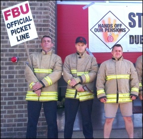 Striking FBU members in Leicester, photo S Score Striking FBU members in Leicester, photo S Score