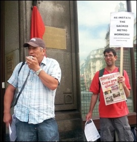 Socialist Party members protest outside the London Brazilian embassy in support of striking Metro workers