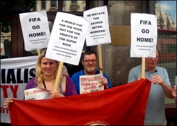 Socialist Party members protest outside the London Brazilian embassy in support of striking Metro workers