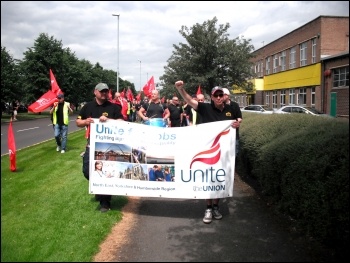 Tyneside Safety Glass strikers marching, photo by E Brunskill Tyneside Safety Glass strikers marching, photo by E Brunskill