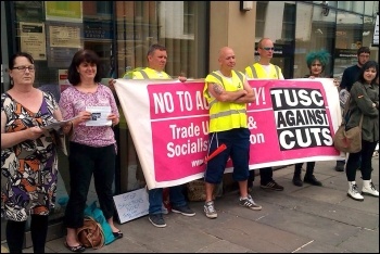 Tyneside Safety Glass strikers join a Unite Comunite protest agianst benefit sanctions, photo by Elaine Brunskill