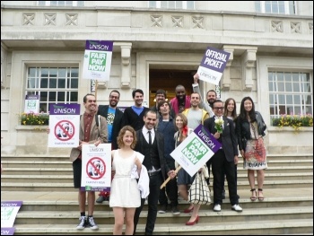 Wedding party joins the Hackney town hall picket line following a 200 strong rally of council workers. Photo sent by Brian Debus Wedding party joins the Hackney town hall picket line following a 200 strong rally of council workers. Photo sent by Brian Debus