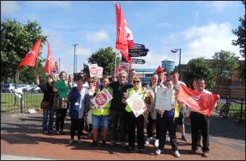 Unite picket line at a sports centre, Birkenhead, Wirral, 10.7.14, photo by S. Ion Unite picket line at a sports centre, Birkenhead, Wirral, 10.7.14, photo by S. Ion