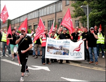 Tyneside Safety Glass workers celebrate pay dispute victory, July 2014, photo Elaine Brunskill