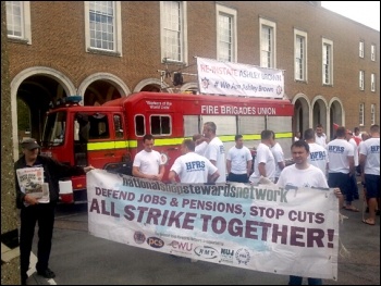 FBU members protest in Hertford against the sacking of firefighter Ashley Brown, 15.7.2014, photo by Neil Cafferky