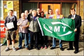 Picketing Sodexo's London Ungerground catering office at Baker Street to demand the reinstatement of RMT union rep Petrit Mihaj, third from right , photo RMT