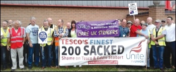 Doncaster Care UK workers and sacked Tesco Stobart drivers join together in protest on Friday 1 August 2014, photo by A Tice