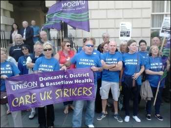 Striking Care UK workers outside the council's Mansion House in Doncaster, 09.08.14, photo Alistair Tice