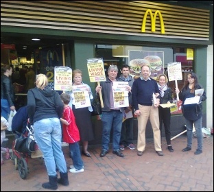 Fast Food Rights campaigners outside McDonald's in Derby, 28 August 2014